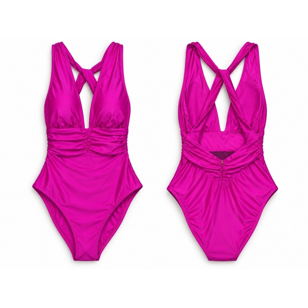 Bleubird One Piece Swimsuit Women 8 Berry Pink Ruched Plunge V-Neck SN5BB07